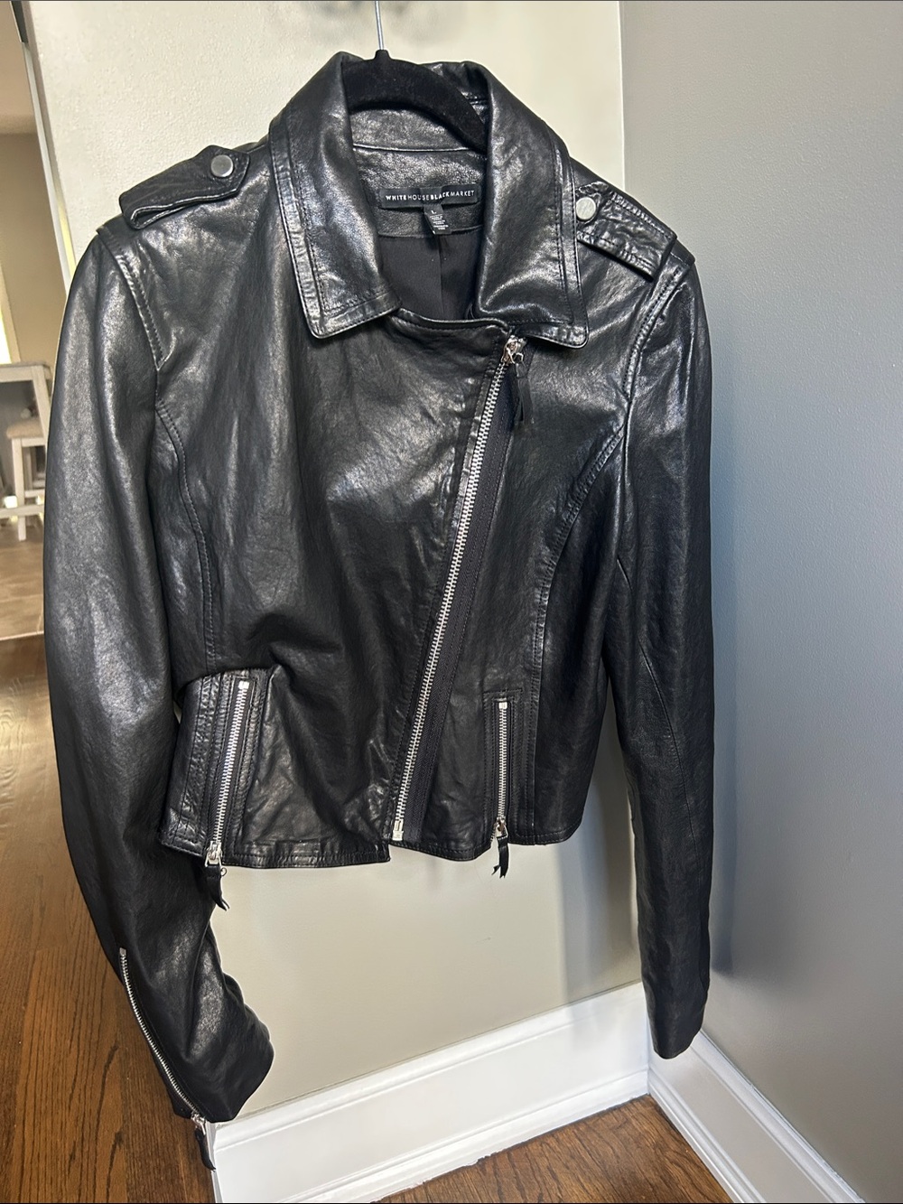 WHBM Women's Black Leather Asymmetrical Zip Jacket size L